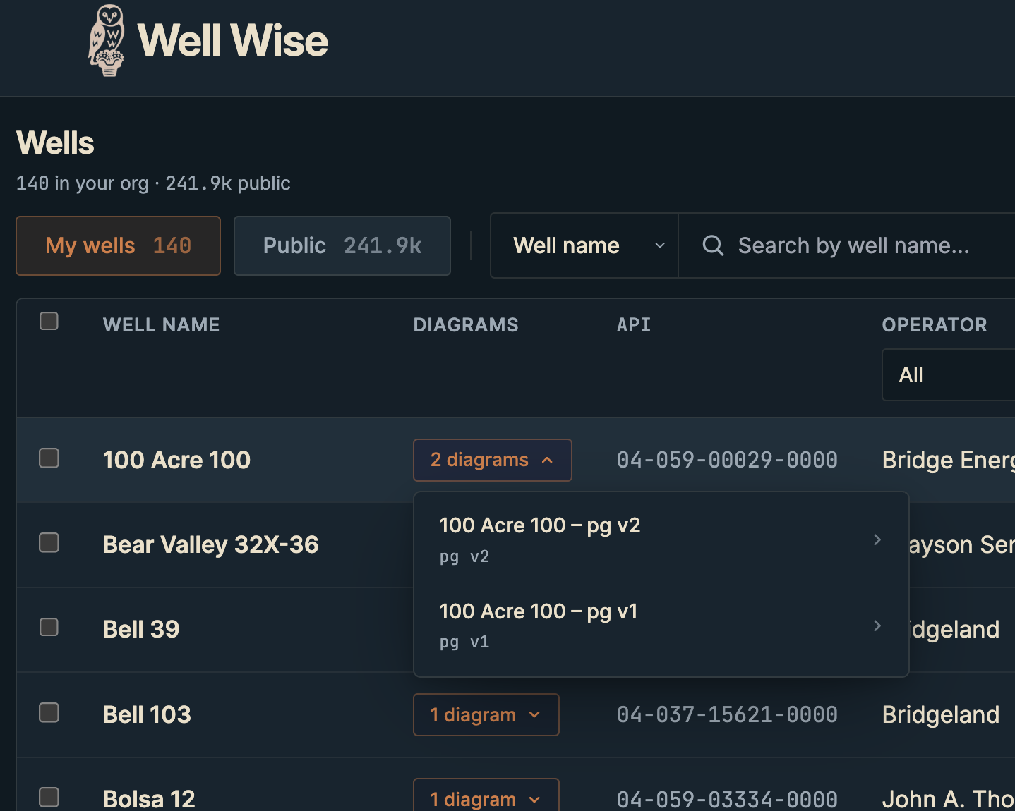 Diagram versions on a well in Well Wise: pg v1 and pg v2 listed side by side under the same well, each one click away