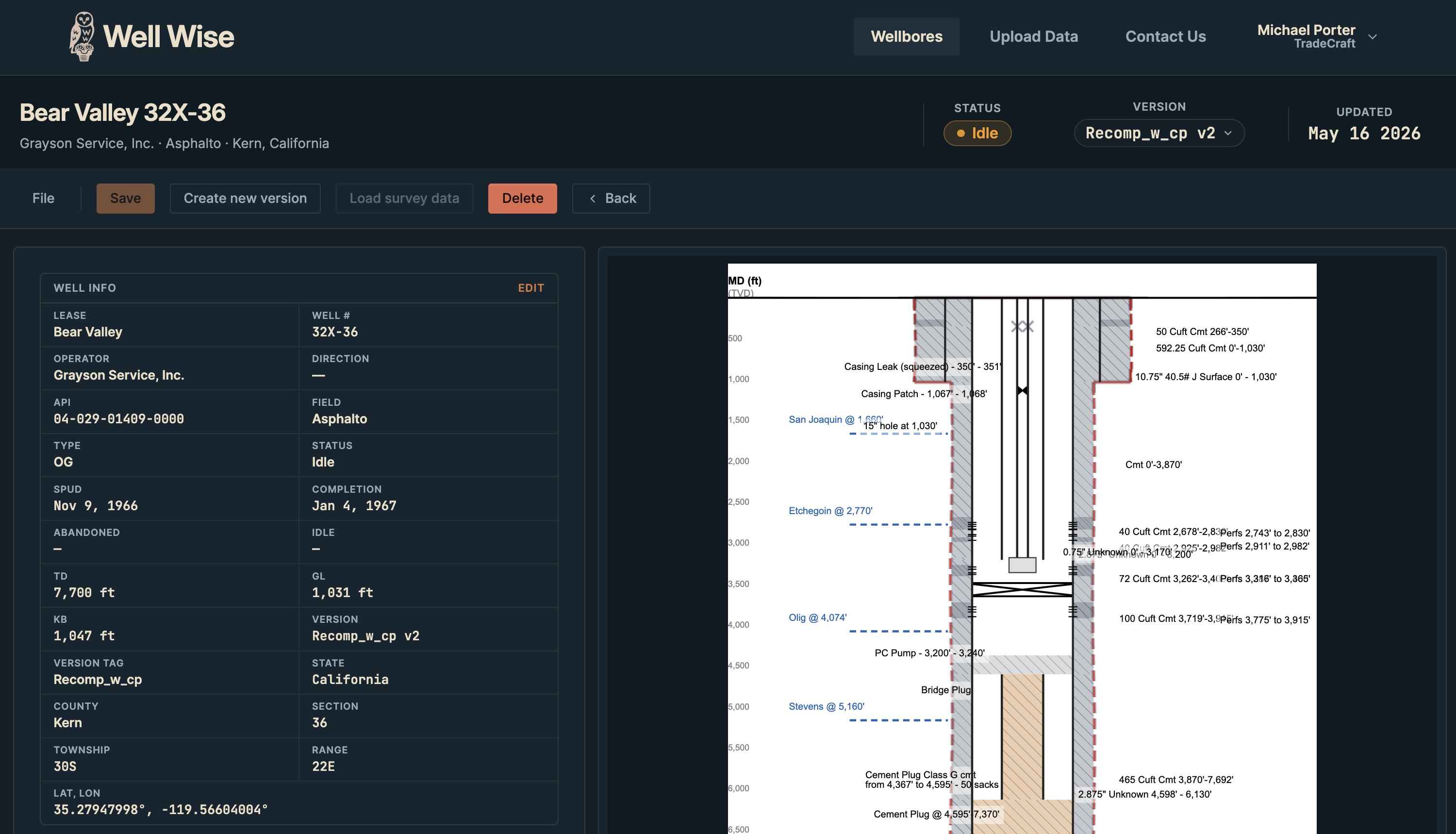 A well page in Well Wise: lease, operator, API number, status, spud and abandonment dates, TD, and version info on one screen, with the hole sections right below